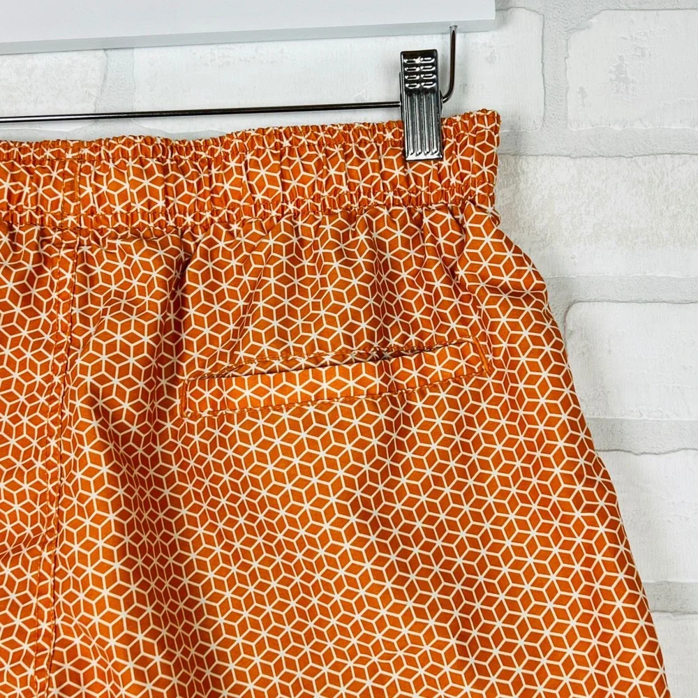 Mens Orange Geometric Honeycomb Cube Print Swim Trunks Elastic Waist Shorts M
